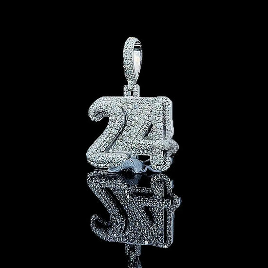24 Iced Number Moissanite Pendant in 925 Sterling Silver Close Up Front View