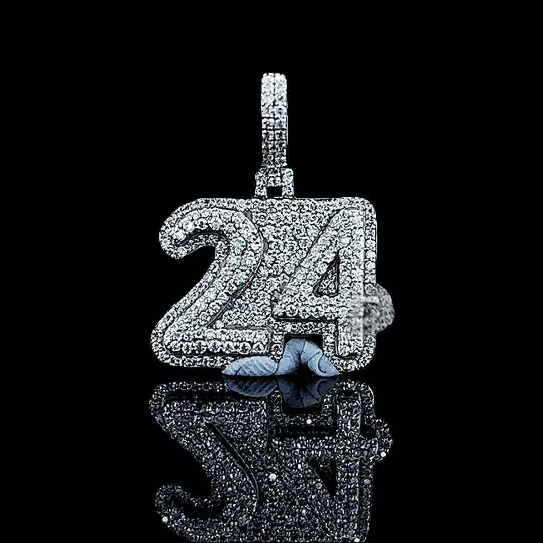 24 Iced Number Moissanite Pendant in 925 Sterling Silver Full Close Up Front View