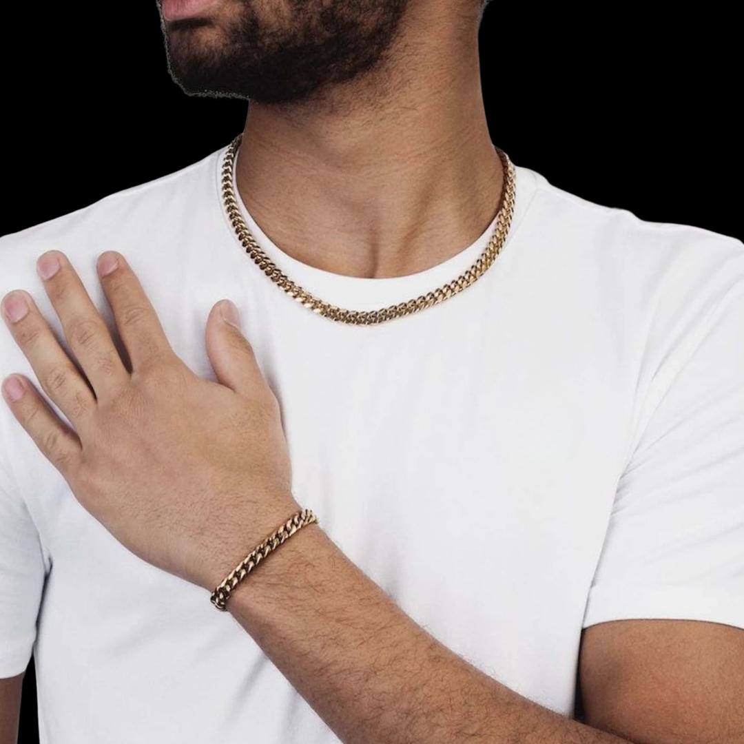 10MM 14K Gold Cuban Chain and Bracelet Set
