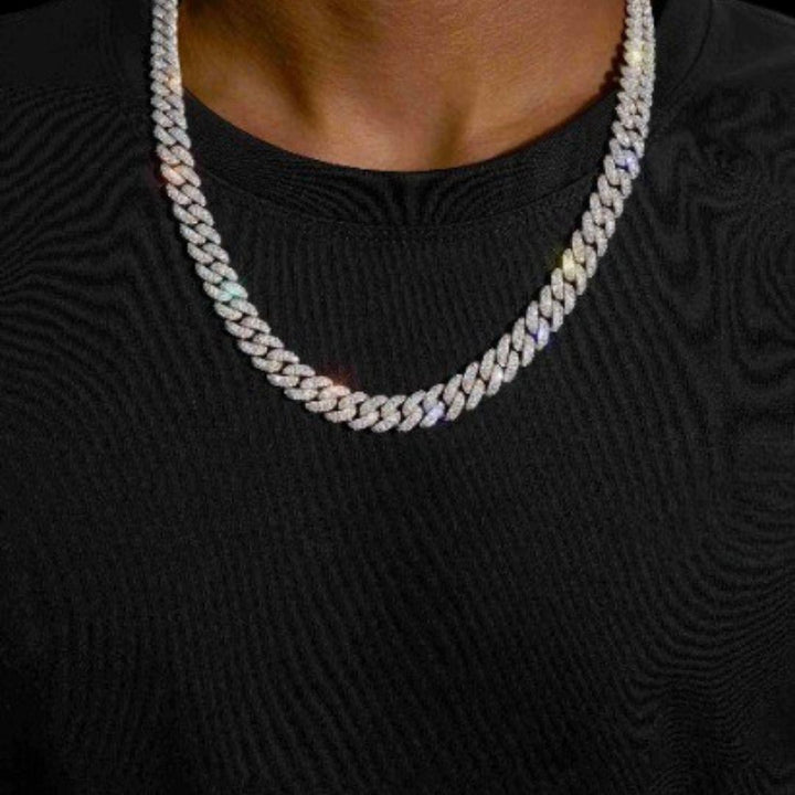 10MM D-E VVS Moissanite Iced Cuban Link Necklace in 14K Gold