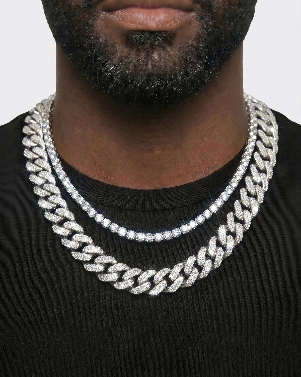 925 Sterling Silver VVS Moissanite Tennis and Cuban Chain Stack