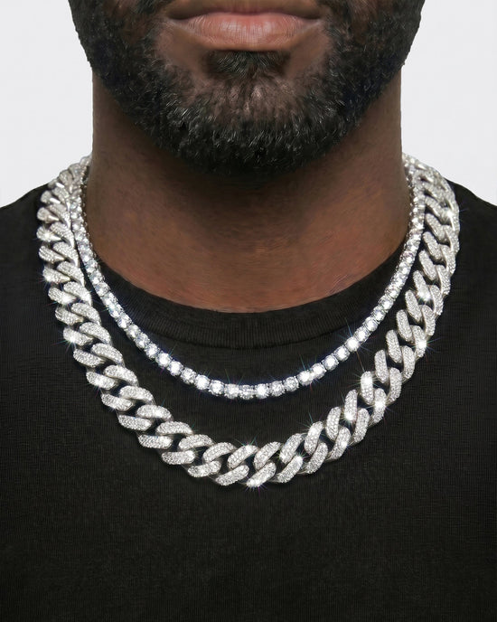 925 Sterling Silver VVS Moissanite Tennis and Cuban Chain Stack