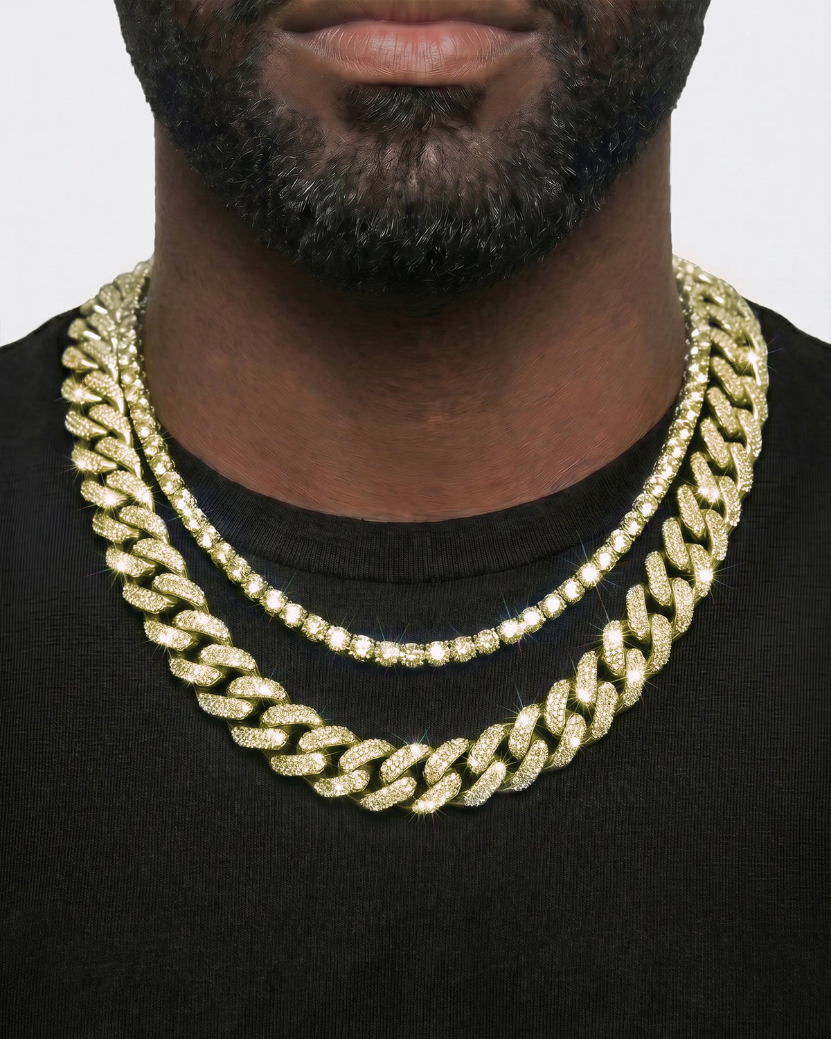 14K Yellow Gold VVS Moissanite Cuban Necklace Stack