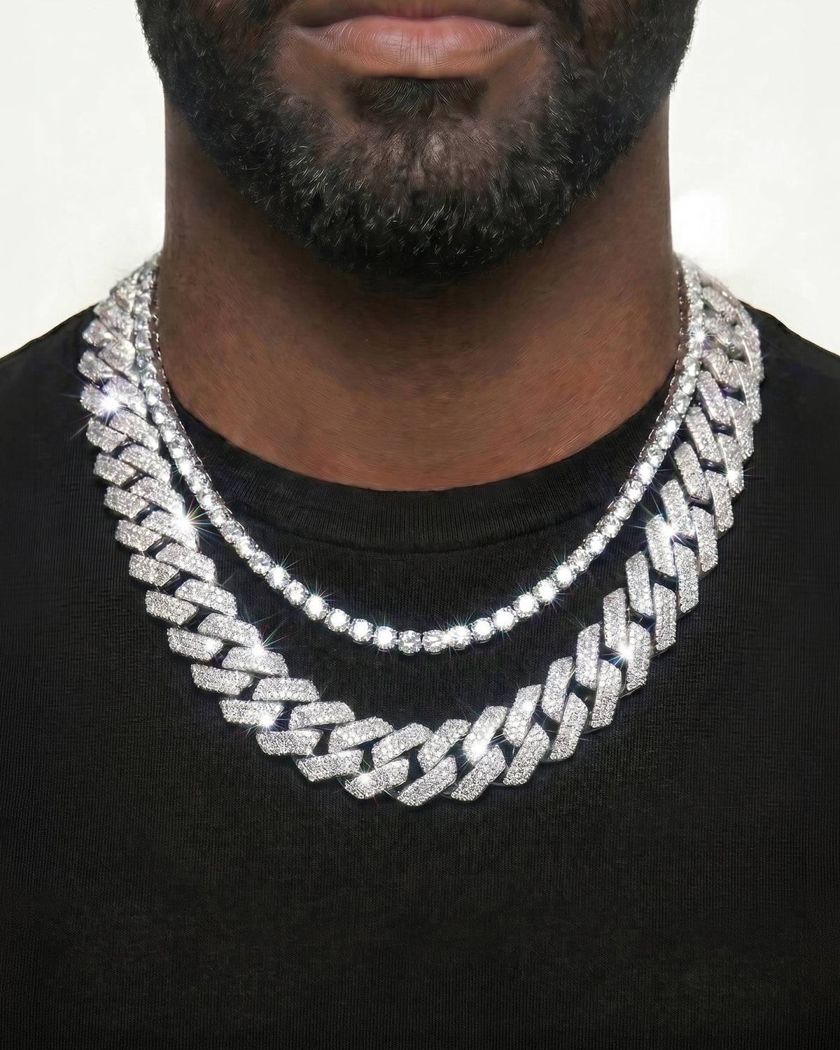 925 Sterling Silver VVS Moissanite Tennis and Cuban Chain Stack