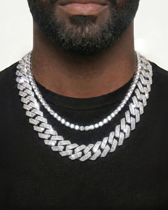 925 Sterling Silver VVS Moissanite Tennis and Cuban Chain Stack