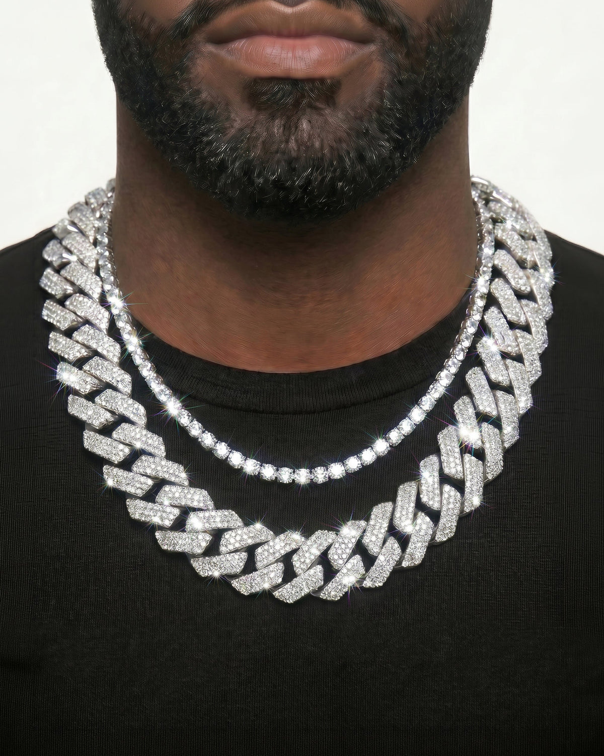 925 Sterling Silver VVS Moissanite Tennis and Cuban Chain Stack