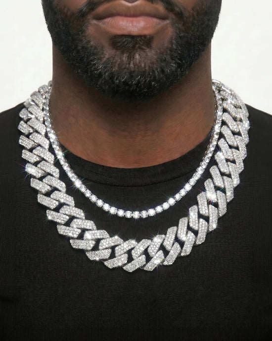 925 Sterling Silver VVS Moissanite Tennis and Cuban Chain Stack