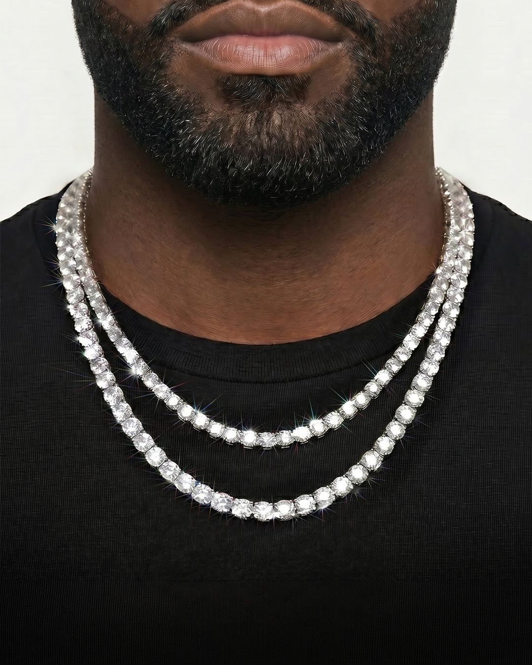 925 Sterling Silver VVS Moissanite Tennis and Cuban Chain Stack