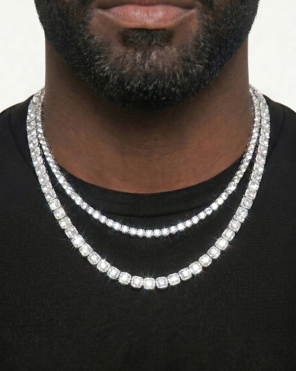 925 Sterling Silver VVS Moissanite Tennis and Cuban Chain Stack