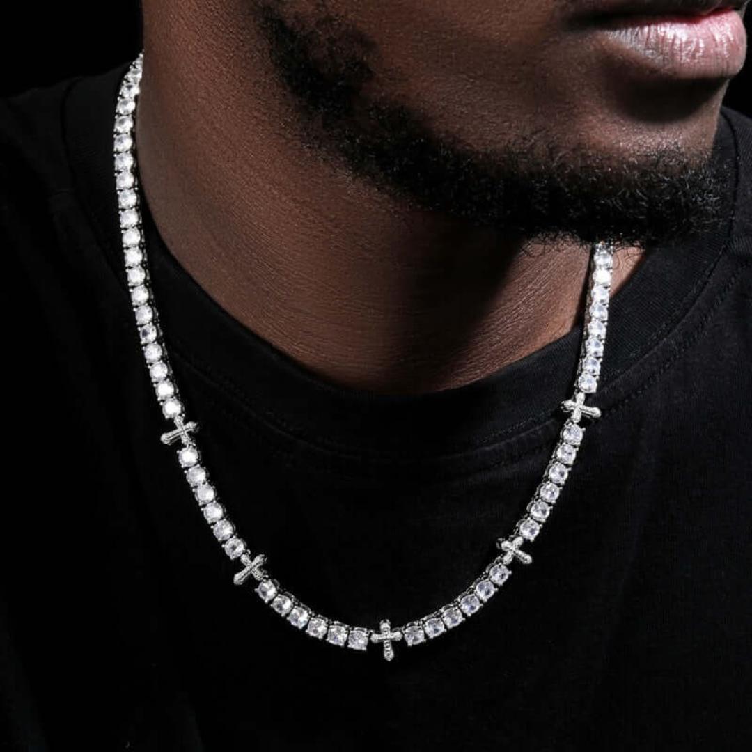 Round Moissanite Cross Accent Tennis Necklace in 14K White Gold