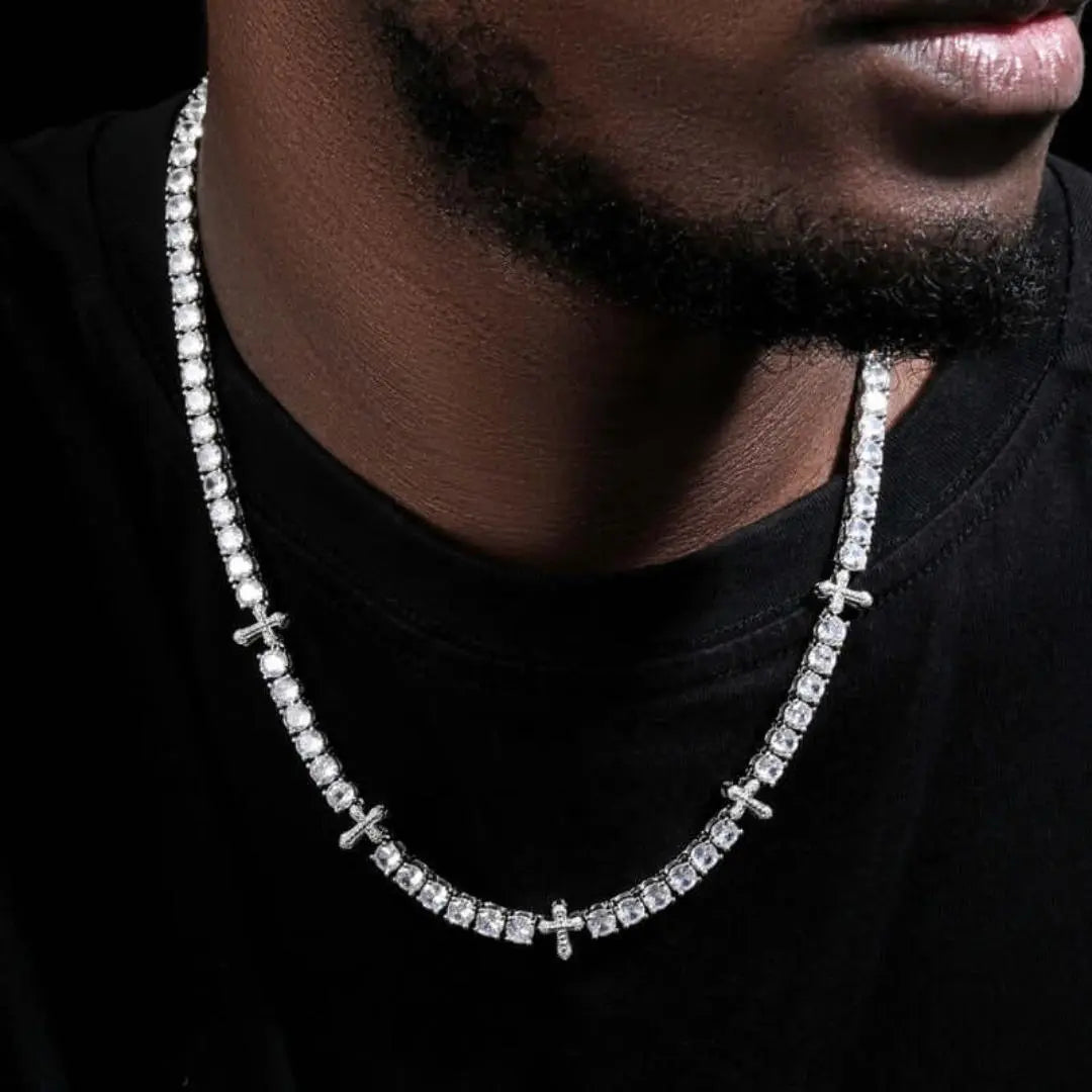 Round Moissanite Cross Accent Tennis Necklace in 14K White Gold Jewel Carts