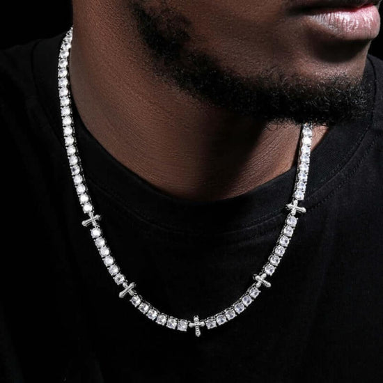 Round Moissanite Cross Accent Tennis Necklace in 14K White Gold