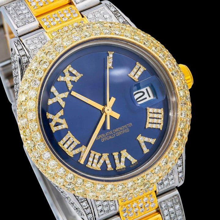 Rolex Datejust Royal Blue Diamond Roman Dial Two Tone Yellow Gold Oyster Bracelet Fully Iced Out Moissanite Watch