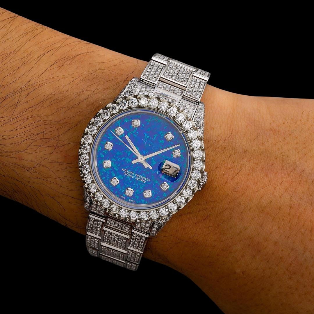 Rolex Datejust Ocean Blue Dial Diamond Markers Fully Iced Out Oyster Bracelet Moissanite Watch