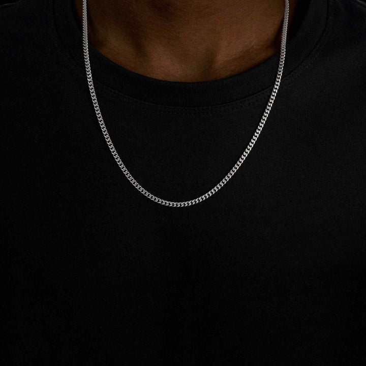3mm Cuban Link Chain in 925 Sterling Silver Neck View 