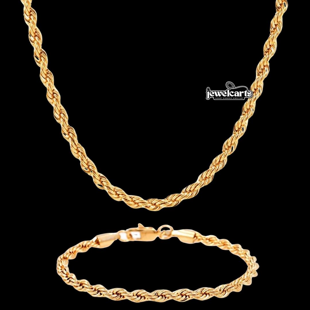 4MM 14K Gold Rope Chain and Bracelet Set Front View