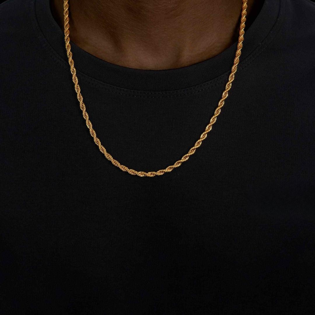 4MM 14K Gold Rope Chain and Bracelet Set Neck View 