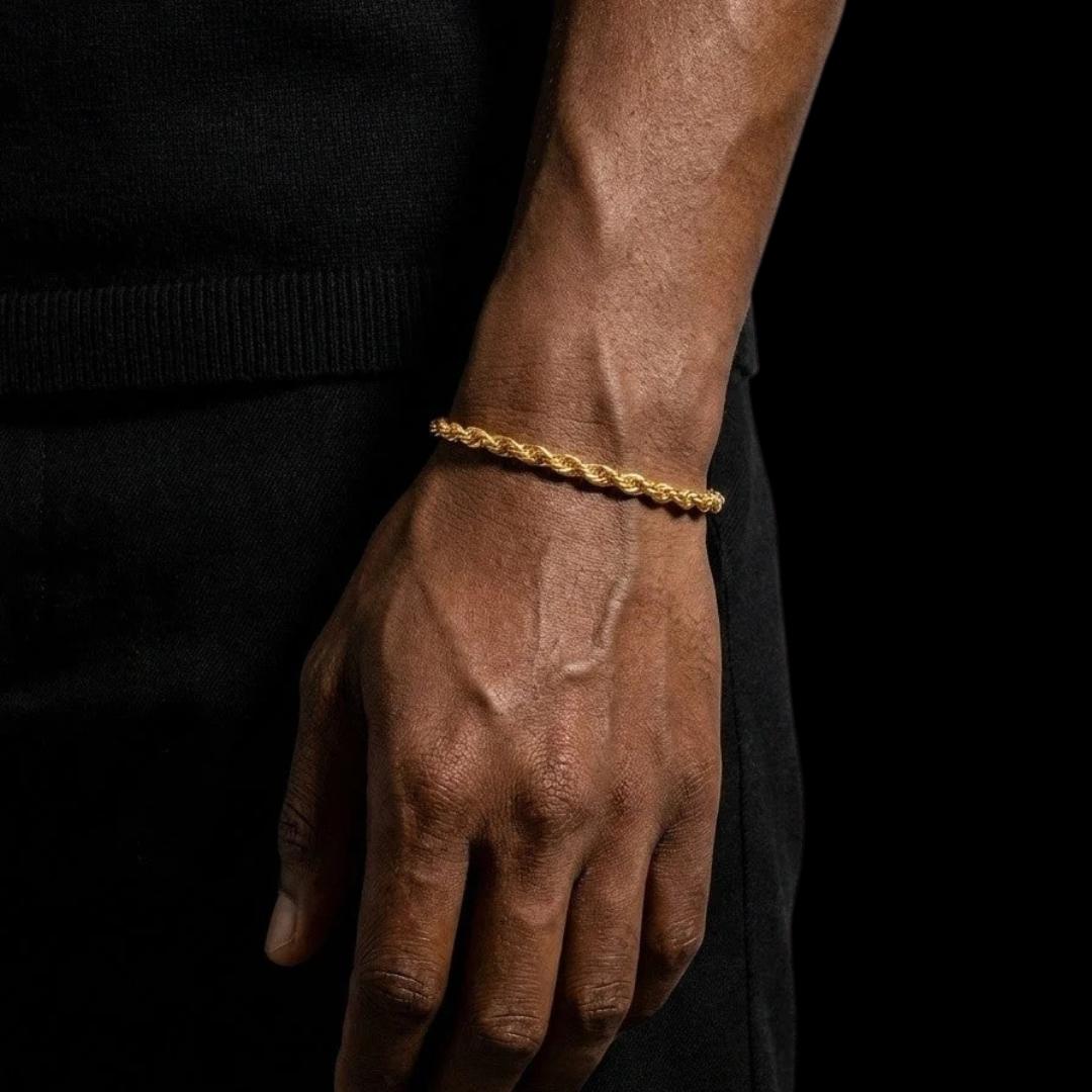 4MM 14K Gold Rope Chain and Bracelet Set On Hand View