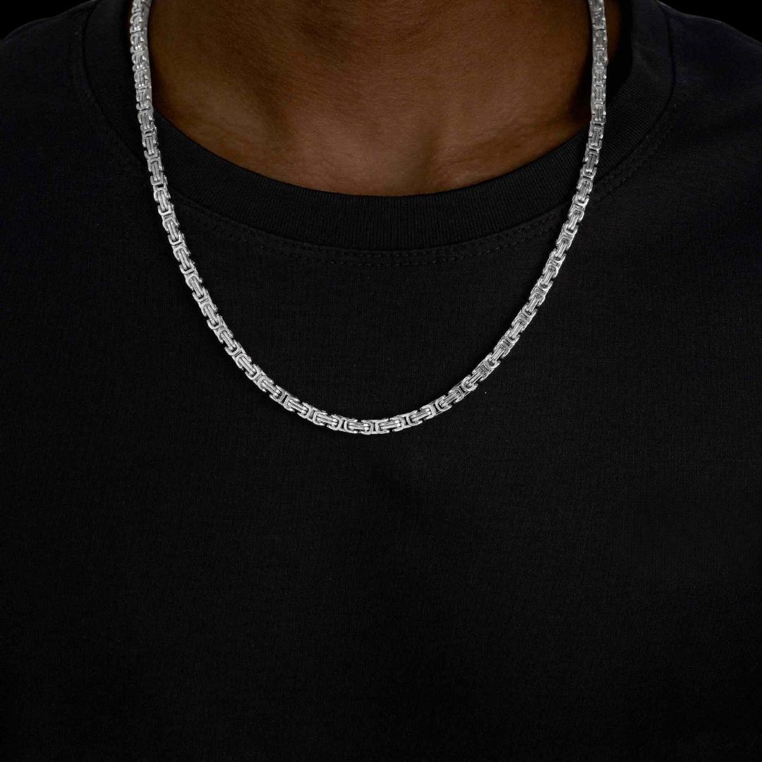 4MM Byzantine Chain Silver Neck View 