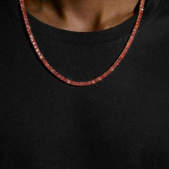 4MM Red Moissanite Tennis Link Chain in 14K Gold Neck View 