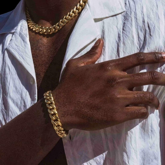 18MM Yellow Gold Cuban Chain and Bracelet Set