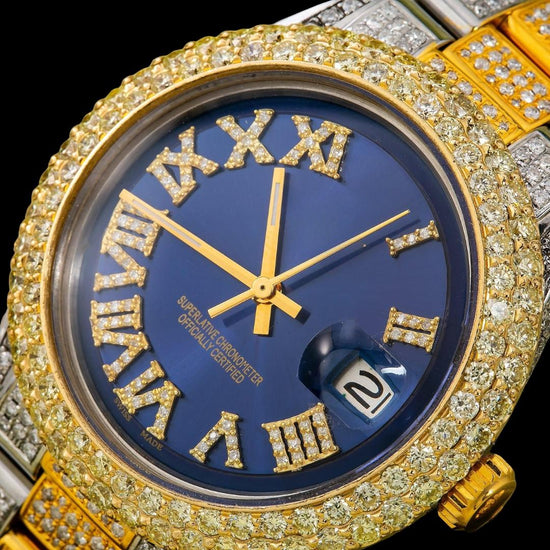 Rolex Datejust Royal Blue Diamond Roman Dial Two Tone Yellow Gold Oyster Bracelet Fully Iced Out Moissanite Watch