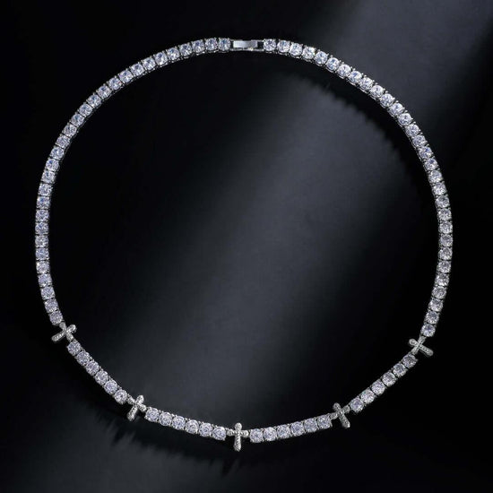 Round Moissanite Cross Accent Tennis Necklace in 14K White Gold
