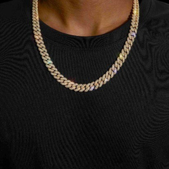 10MM D-E VVS Moissanite Iced Cuban Link Necklace in 14K Gold