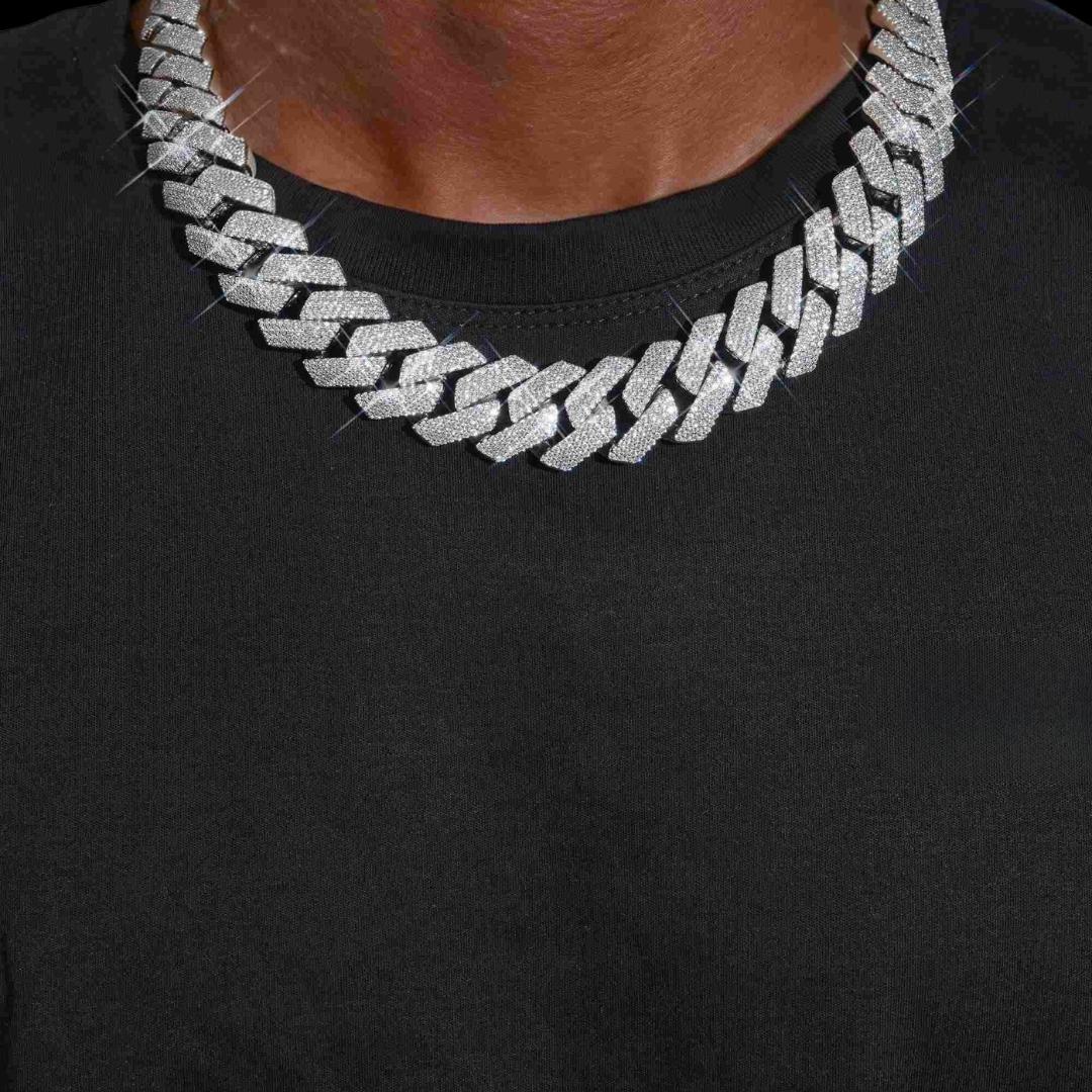 4 Row 20MM VVS Moissanite Cuban Chain 14K Gold Neck View 