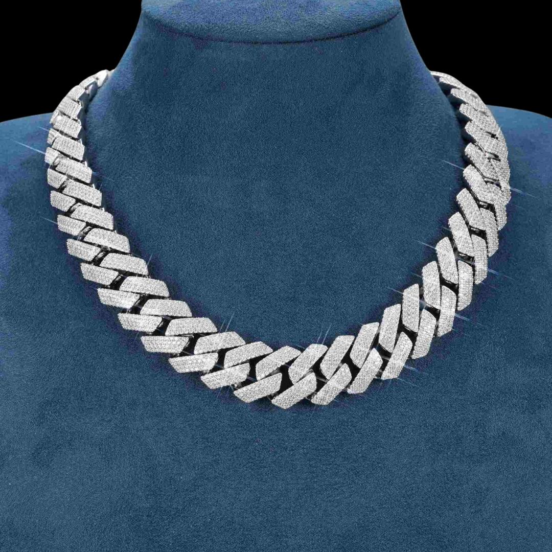 4 Row 20MM VVS Moissanite Cuban Chain 14K Gold Necklace Display
