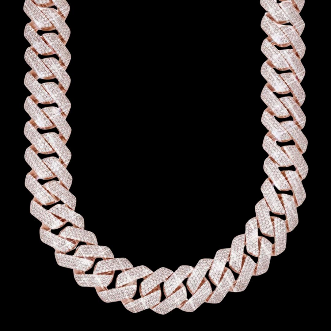 4 Row 20MM VVS Moissanite Cuban Chain 14K Rose Gold Diamond Front View