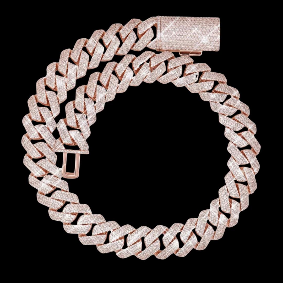 4 Row 20MM VVS Moissanite Cuban Chain 14K Rose Gold Full Close Up View