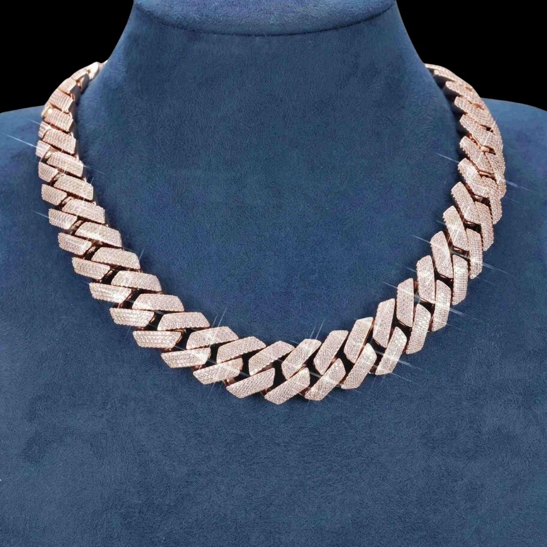 4 Row 20MM VVS Moissanite Cuban Chain 14K Rose Gold Necklace Display