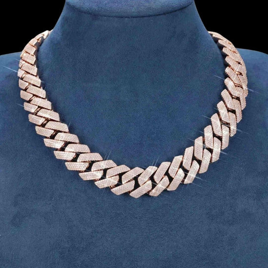 4 Row 20MM VVS Moissanite Cuban Chain 14K Rose Gold Necklace Display