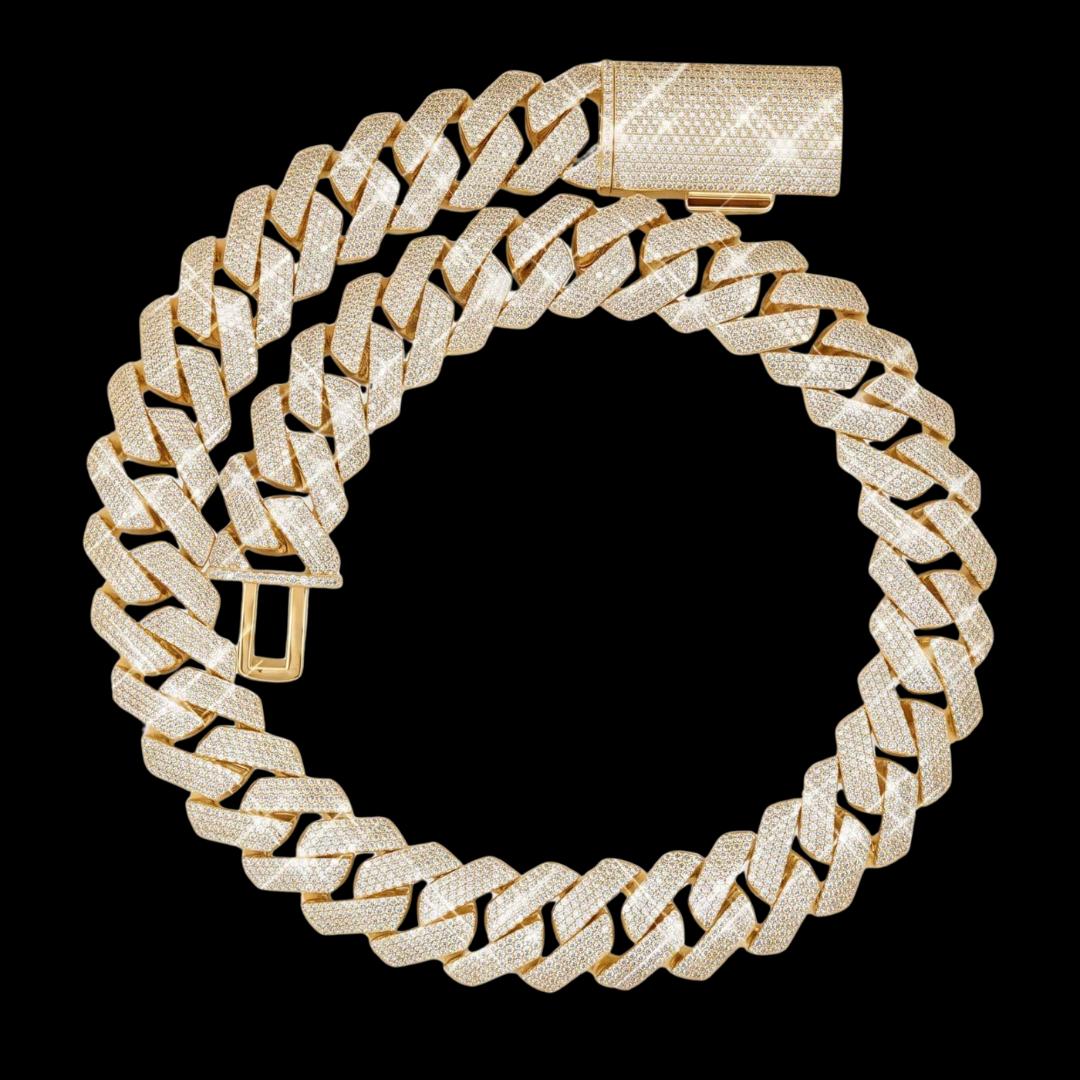 4 Row 20MM VVS Moissanite Cuban Chain 14K Yellow Gold Close Up View