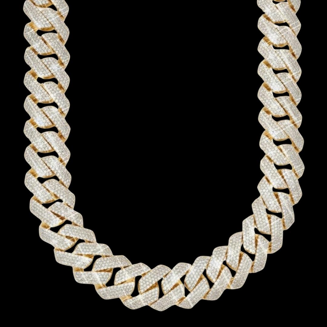 4 Row 20MM VVS Moissanite Cuban Chain 14K Yellow Gold Front View