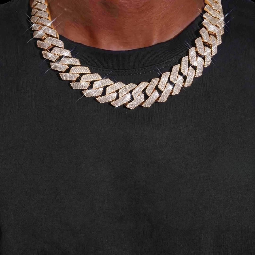 4 Row 20MM VVS Moissanite Cuban Chain 14K Yellow Gold Neck View 