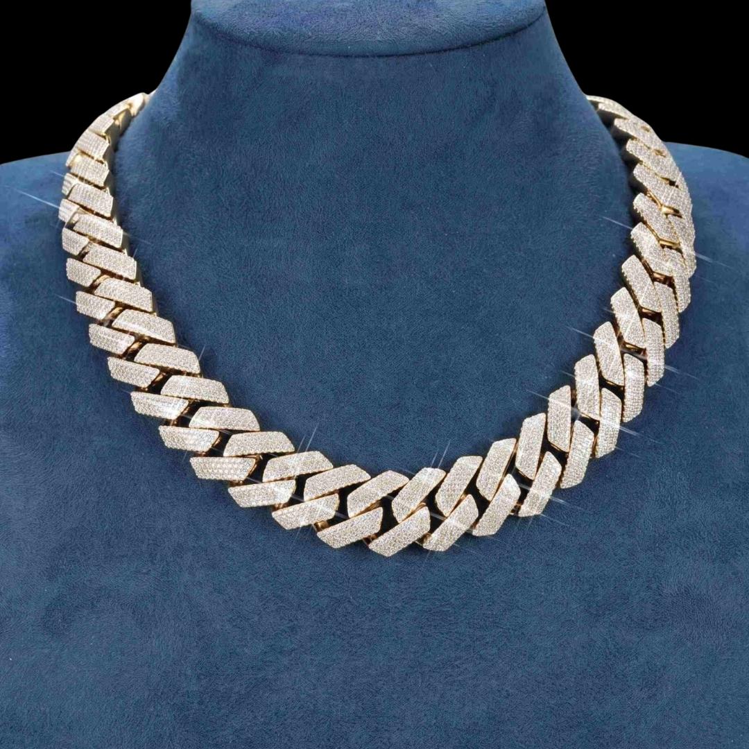 4 Row 20MM VVS Moissanite Cuban Chain 14K Yellow Gold Necklace Display