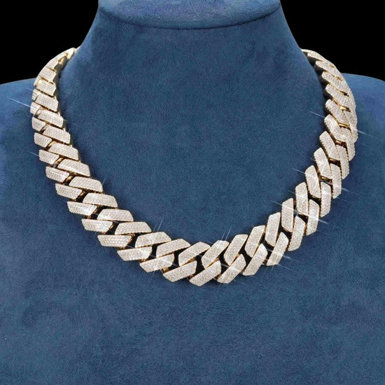 4 Row 20MM VVS Moissanite Cuban Chain 14K Yellow Gold Necklace Display