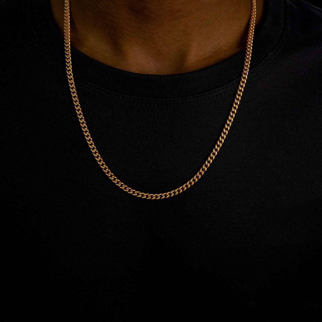 4mm Cuban Link Chain in 14K Yellow Gold Neck View 