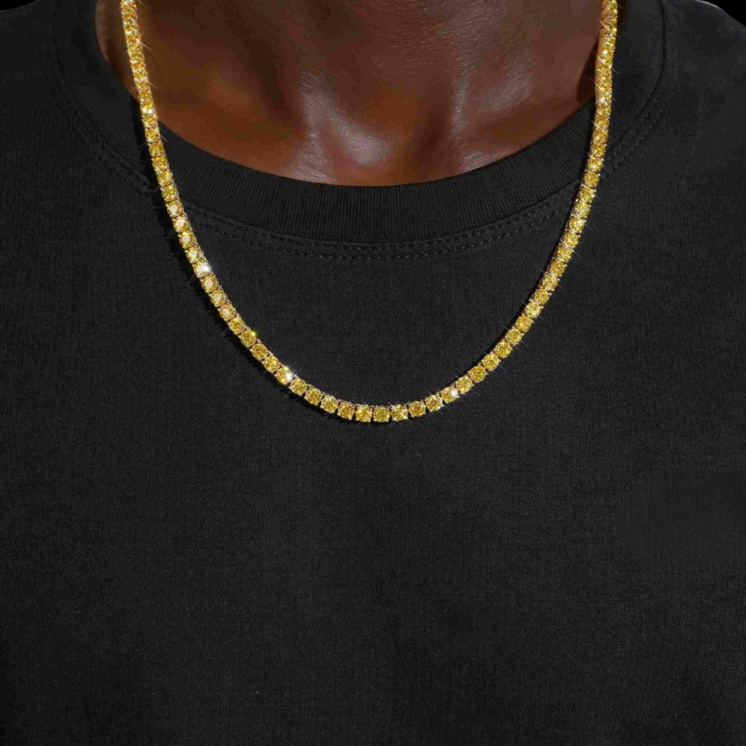 4mm Yellow Moissanite Tennis Chain in 14K Yellow Gold Neck View 