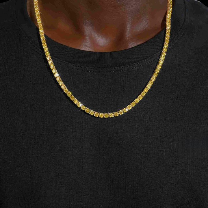 4mm Yellow Moissanite Tennis Chain in 14K Yellow Gold Neck View 