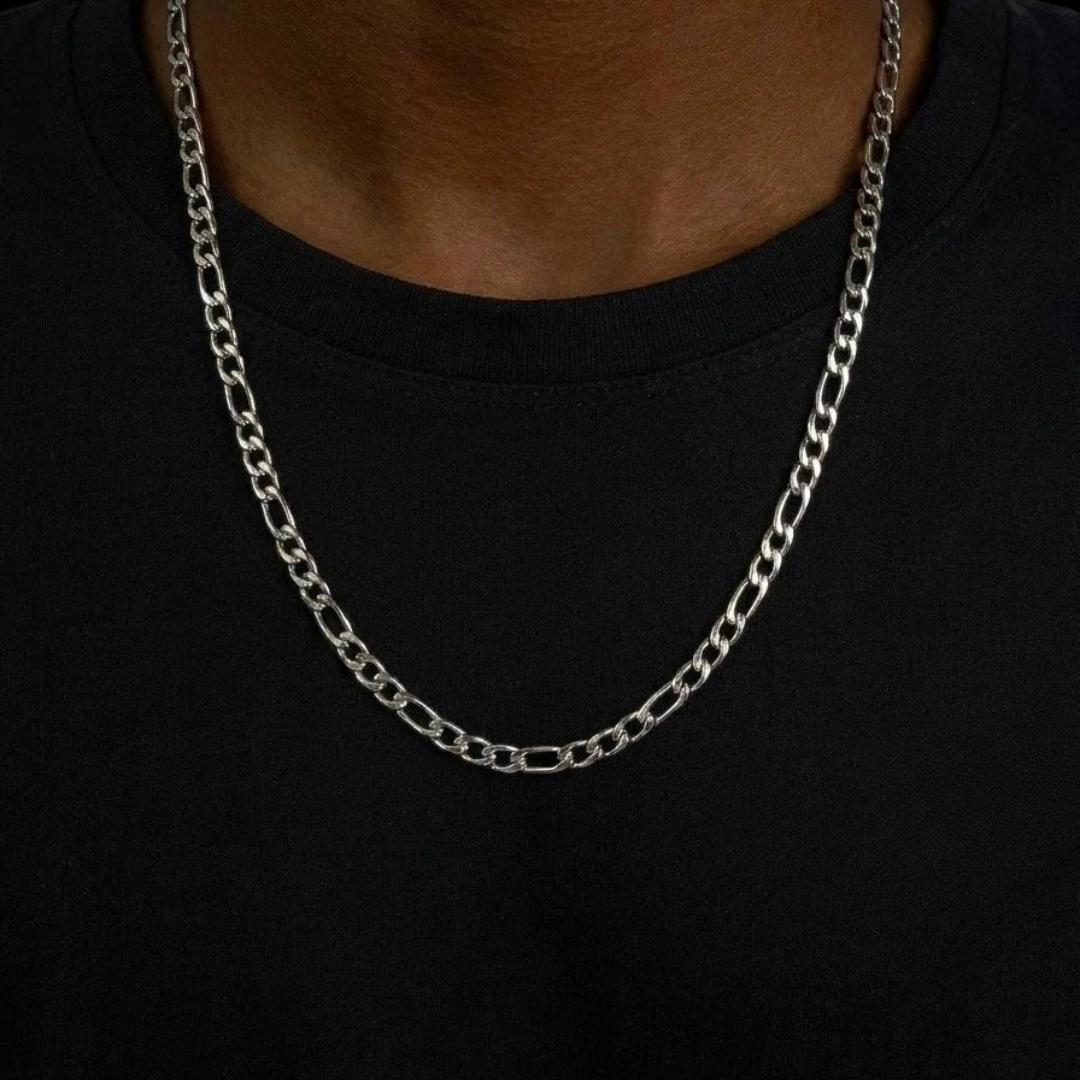 5MM Figaro Chain and Bracelet Bundle Silver Neck View 