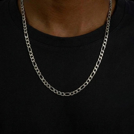 5MM Figaro Chain and Bracelet Bundle Silver Neck View 