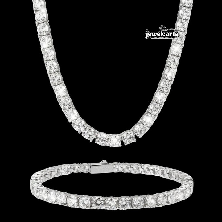 5MM Moissanite Tennis Chain and Bracelet Set Silver White Gold Front View