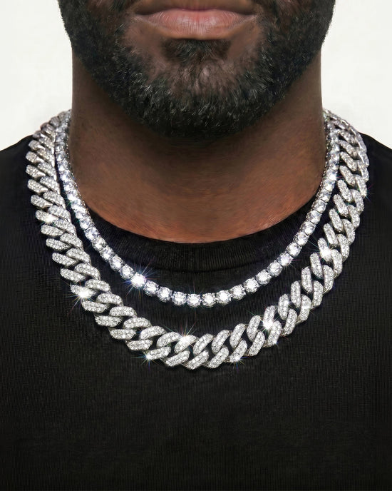925 Sterling Silver VVS Moissanite Tennis and Cuban Chain Stack
