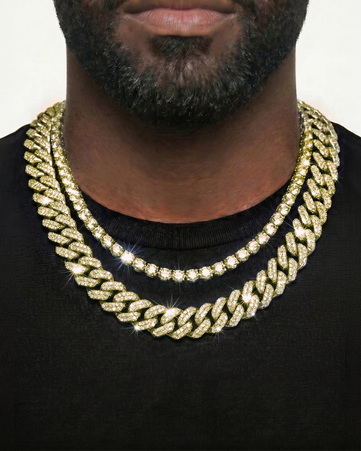 14K Yellow Gold VVS Moissanite Cuban Necklace Stack