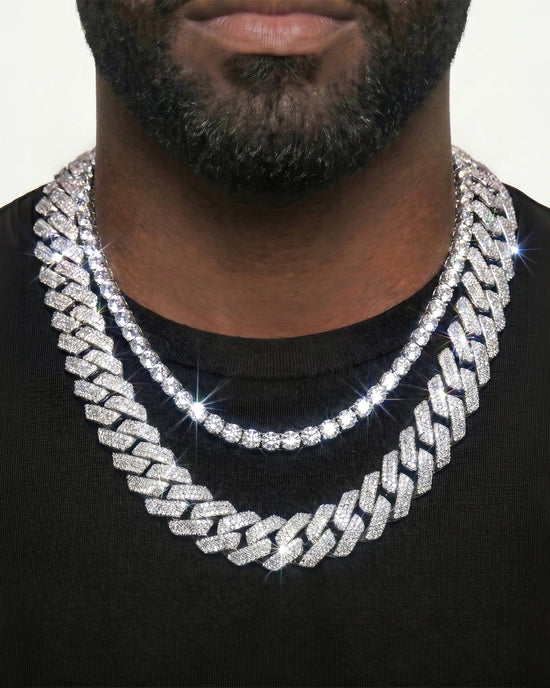 925 Sterling Silver VVS Moissanite Tennis and Cuban Chain Stack