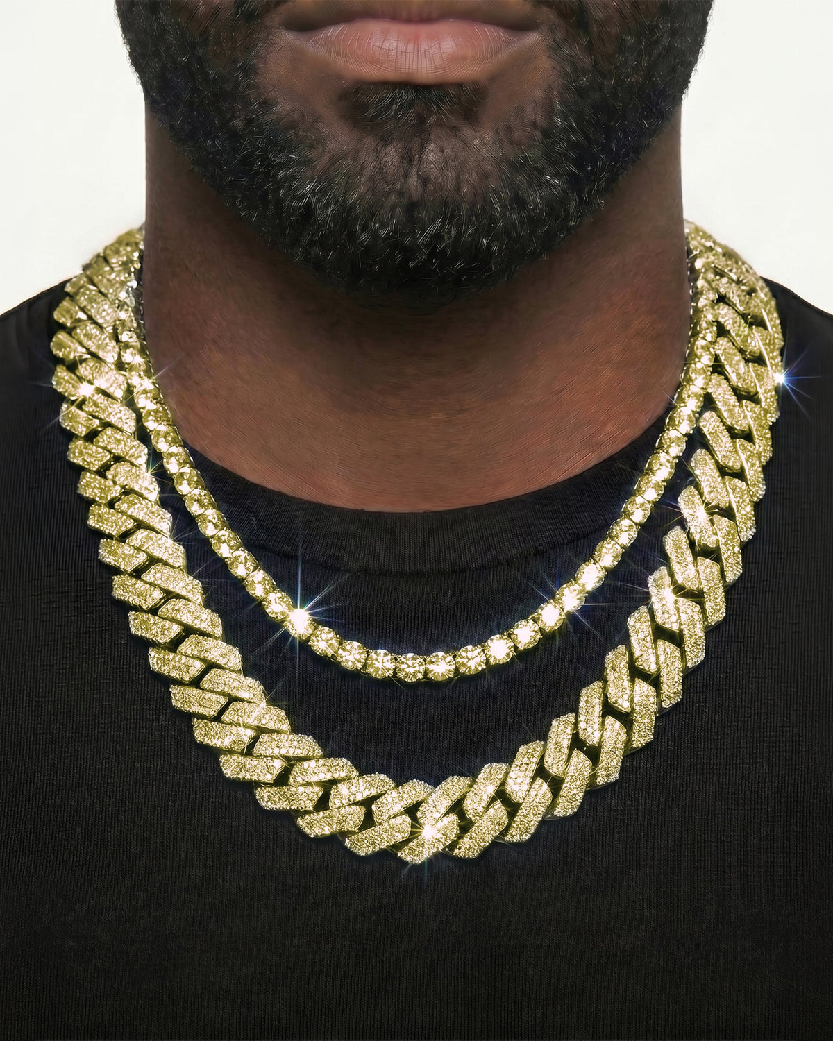 14K Yellow Gold VVS Moissanite Cuban Necklace Stack