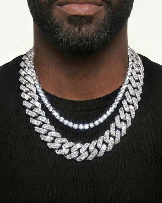 925 Sterling Silver VVS Moissanite Tennis and Cuban Chain Stack